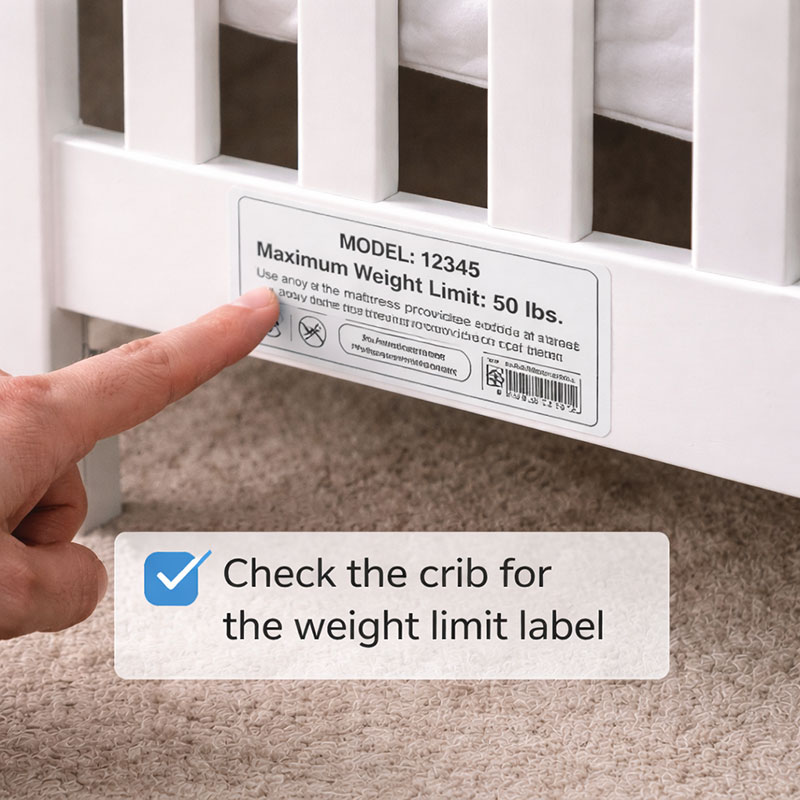 Crib model label area shown clearly to illustrate where crib weight limit information is often listed