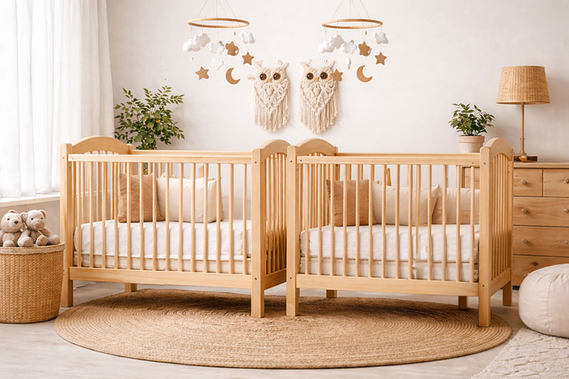 Twin nursery with two cribs arranged in a shared space