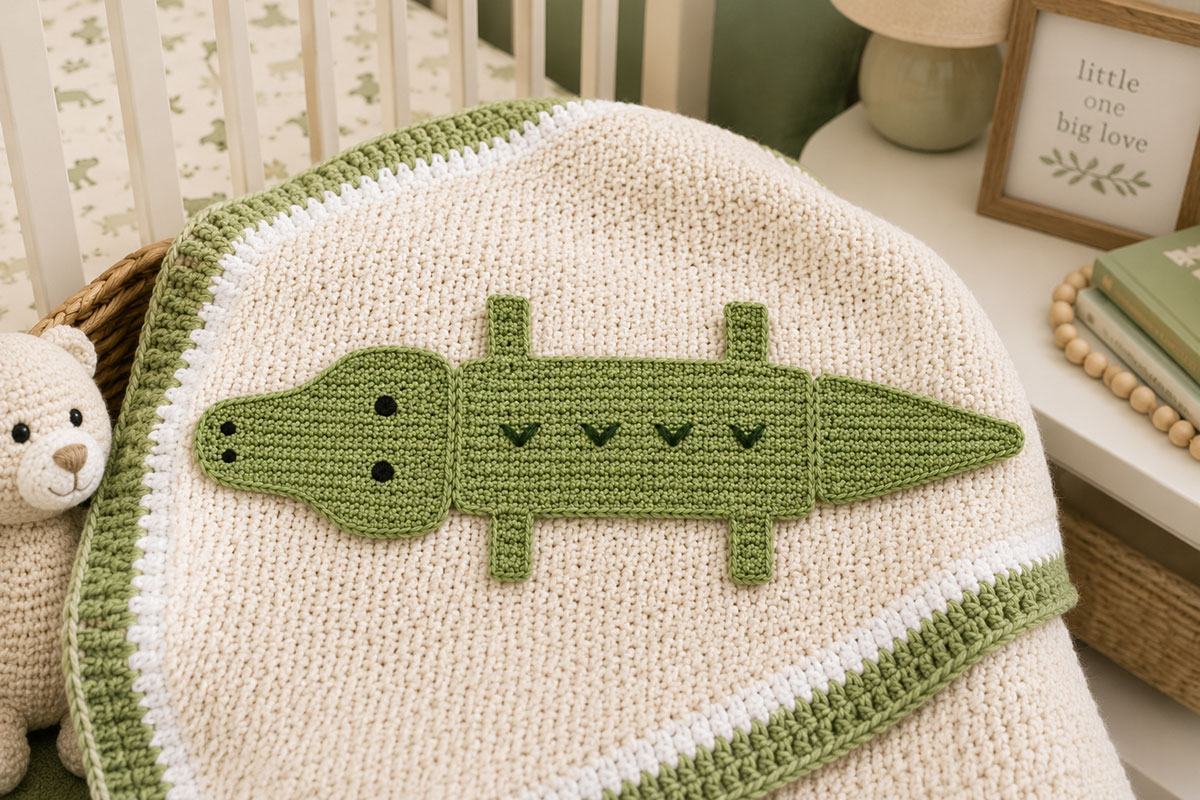 Finished flat crochet alligator applique laid out with broad head tapered tail four short side legs and embroidered face