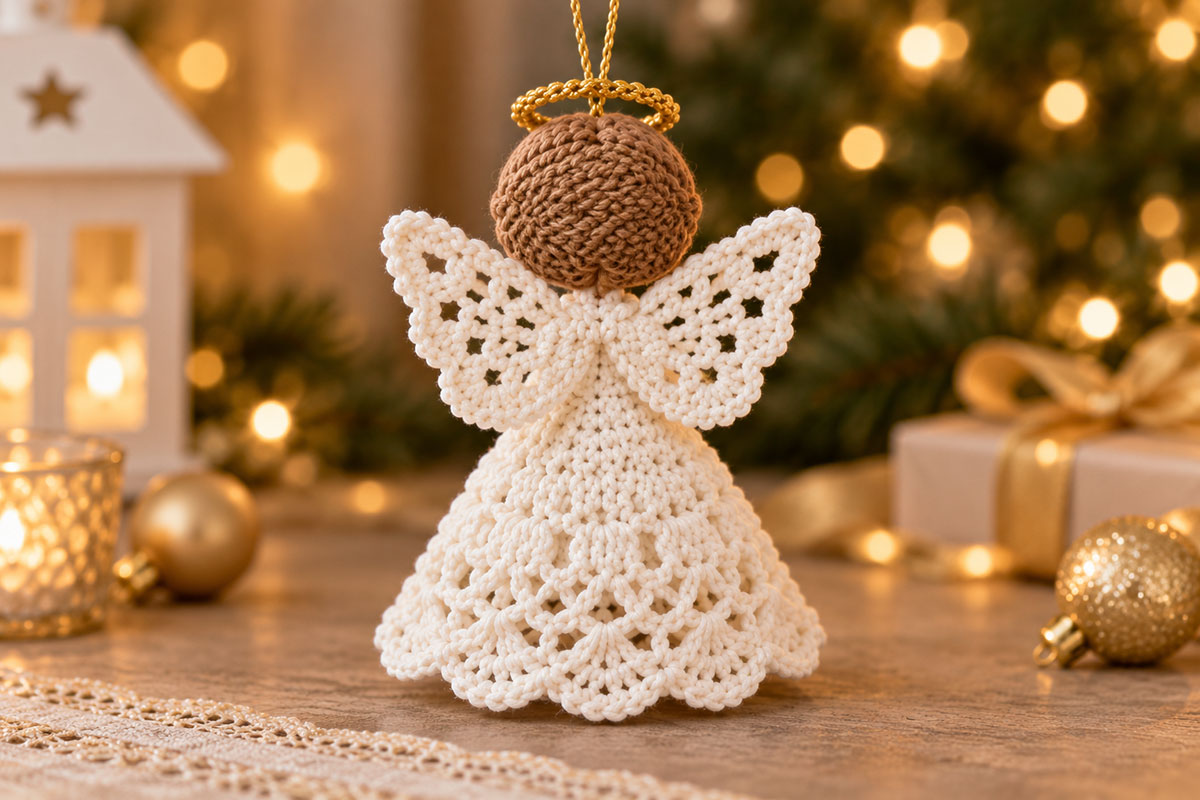 Back view of an ivory crochet angel Christmas ornament showing two matching openwork lace wings extending outward from the shoulders
