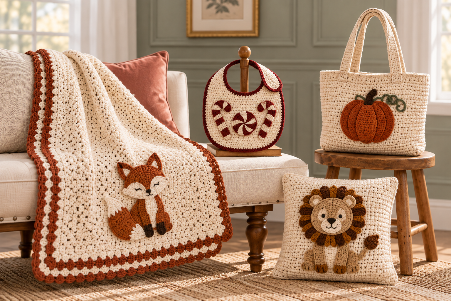 Free crochet applique patterns including animal and holiday designs used on blankets, clothing and handmade crafts