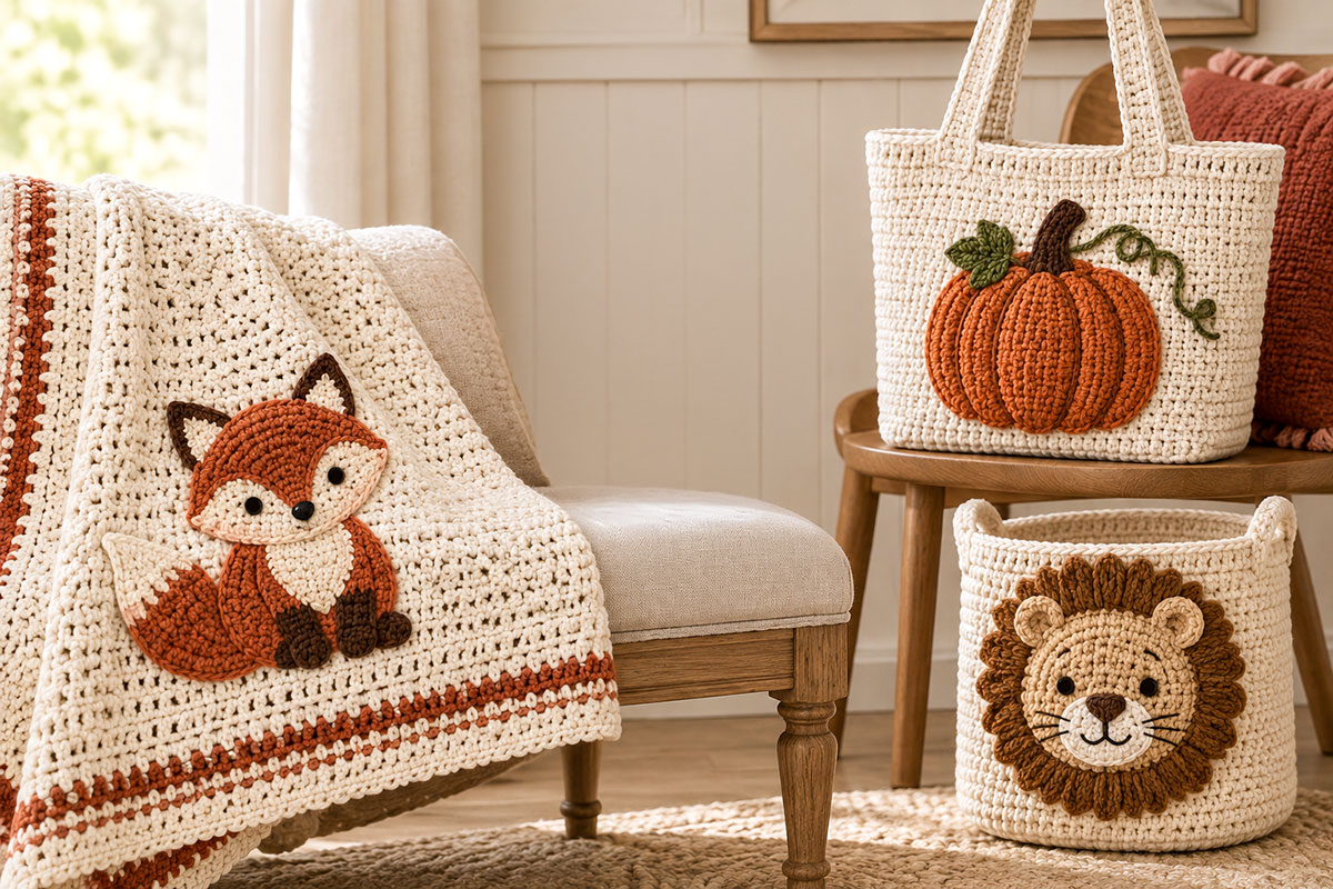 Crochet applique project ideas including a pumpkin tote, fox blanket and lion nursery craft