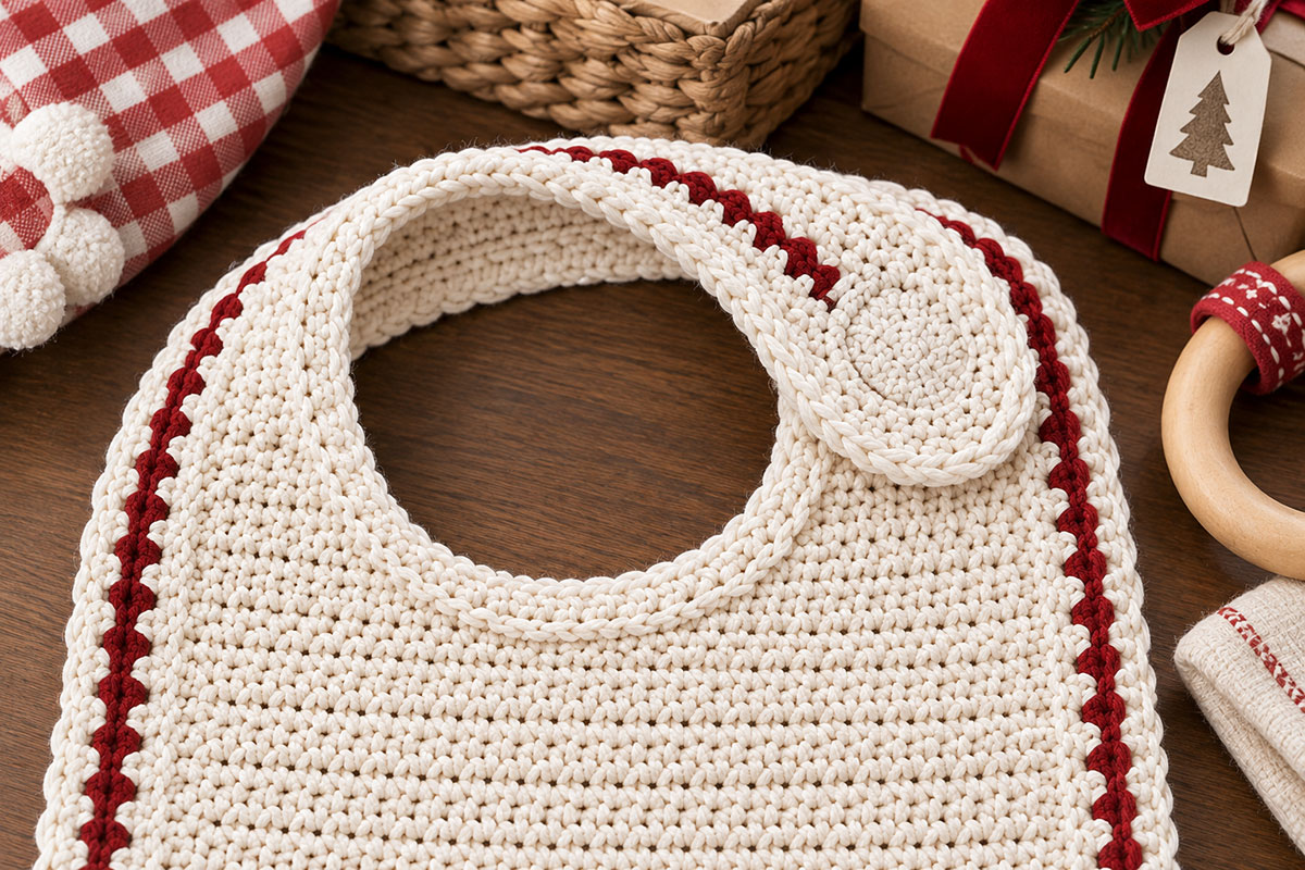 Cream crochet baby bib showing the rounded neckline and overlapping shoulder closure tab