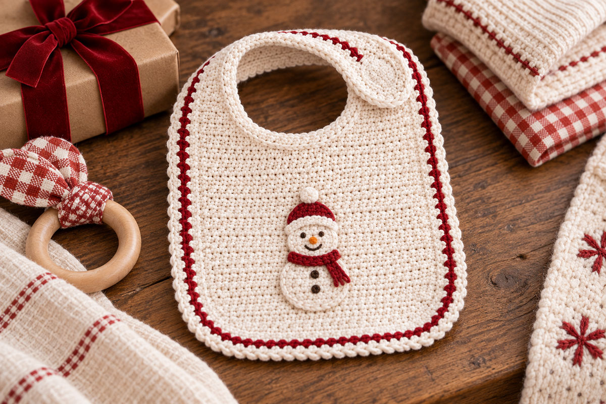 Cream crochet baby bib decorated with a small flat crochet appliqué centered on the front