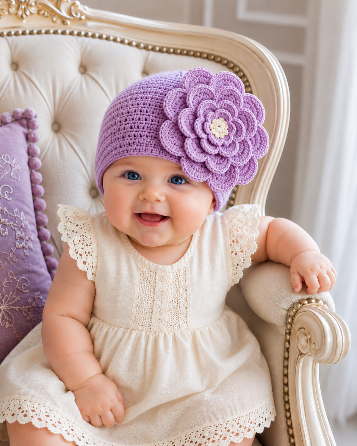 Baby wearing a crochet hat with an oversized layered flower at the side