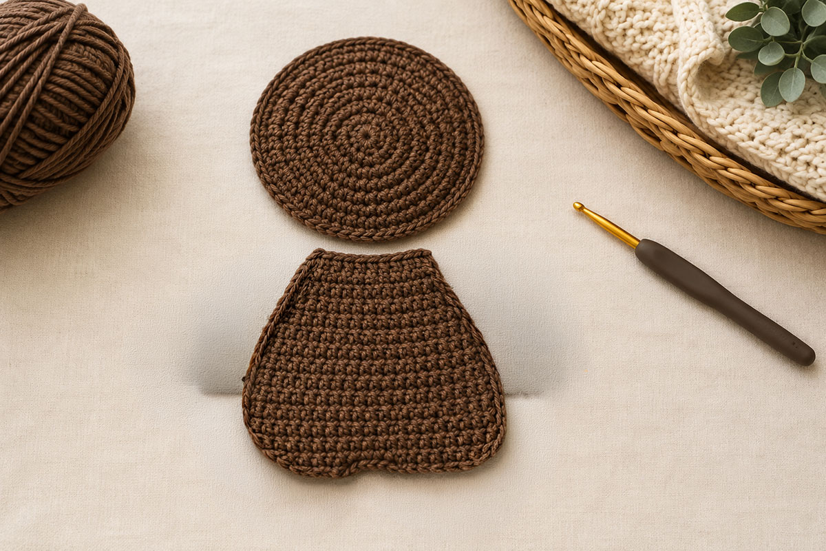 Flat brown crochet bear applique body and round head pieces positioned separately on a work surface