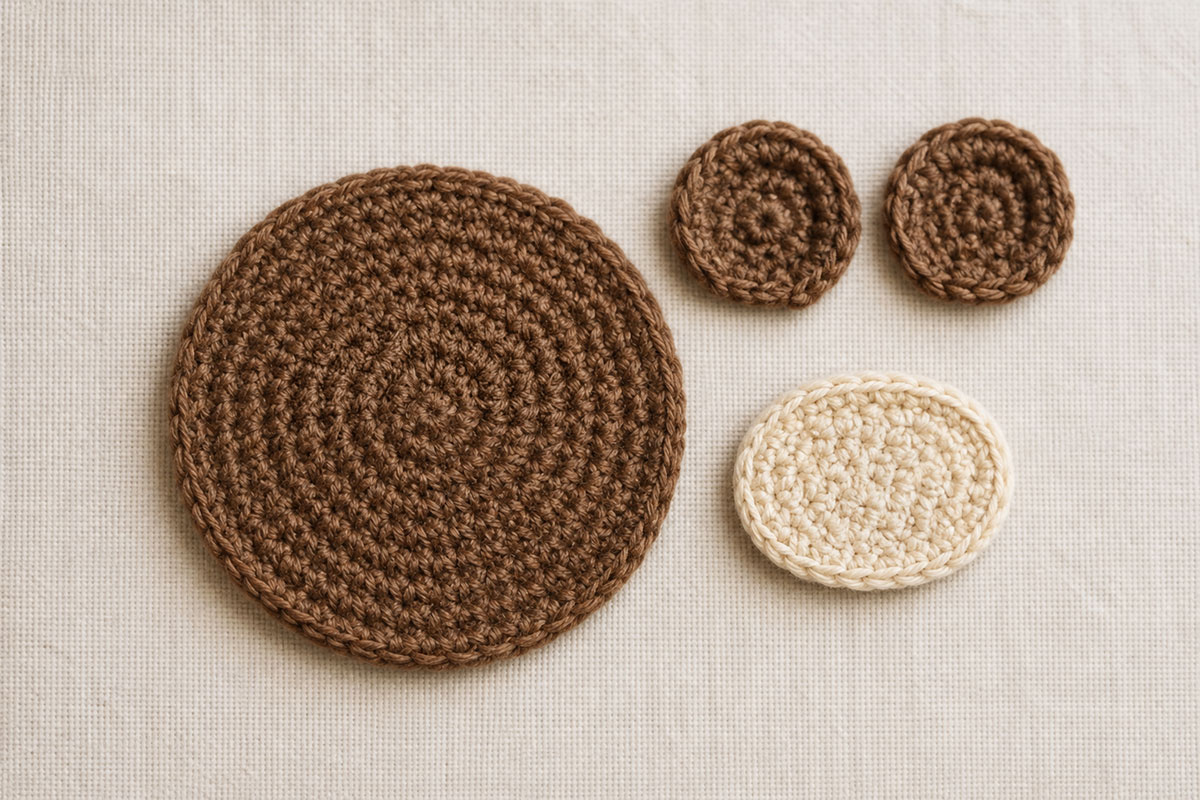 Two small brown crochet bear ears and cream oval muzzle arranged beside the flat bear head