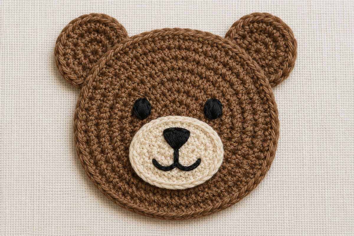 Finished crochet bear applique face with cream oval muzzle and dark embroidered satin stitch eyes nose and simple mouth