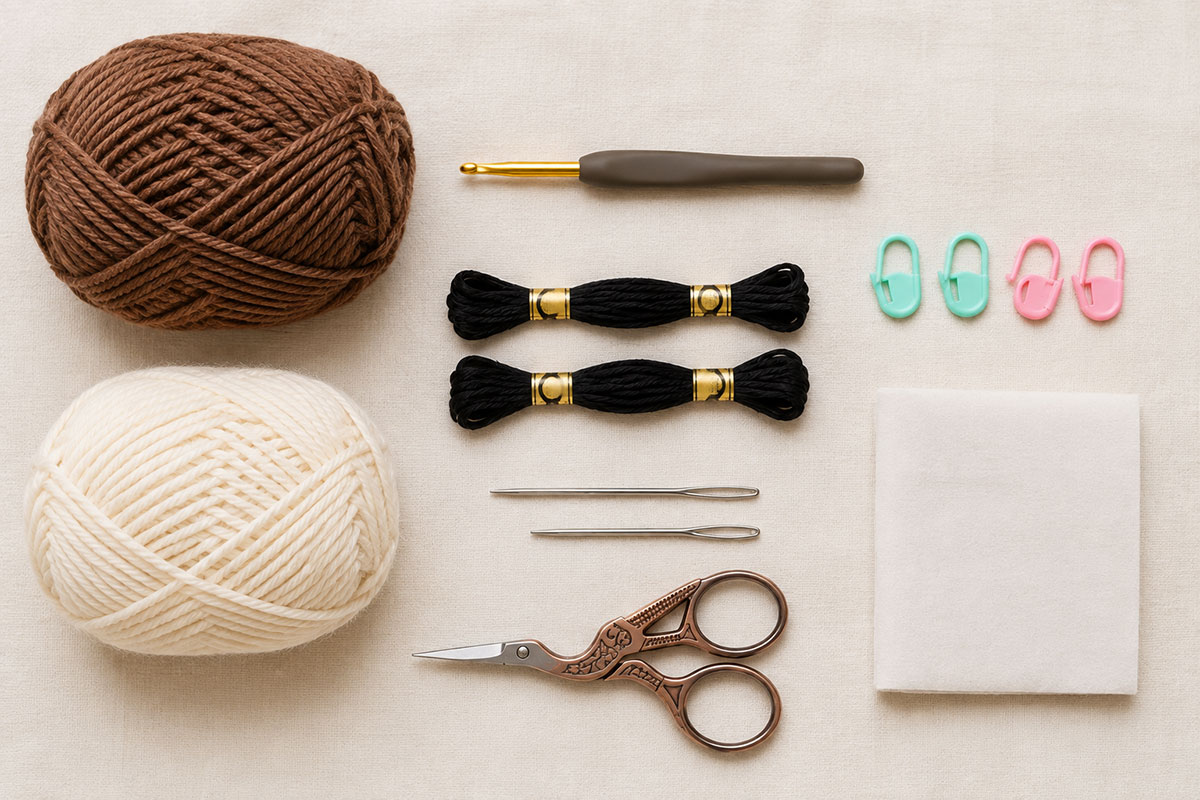 Brown and cream yarn with crochet hook yarn needle scissors and flat crochet bear applique pieces