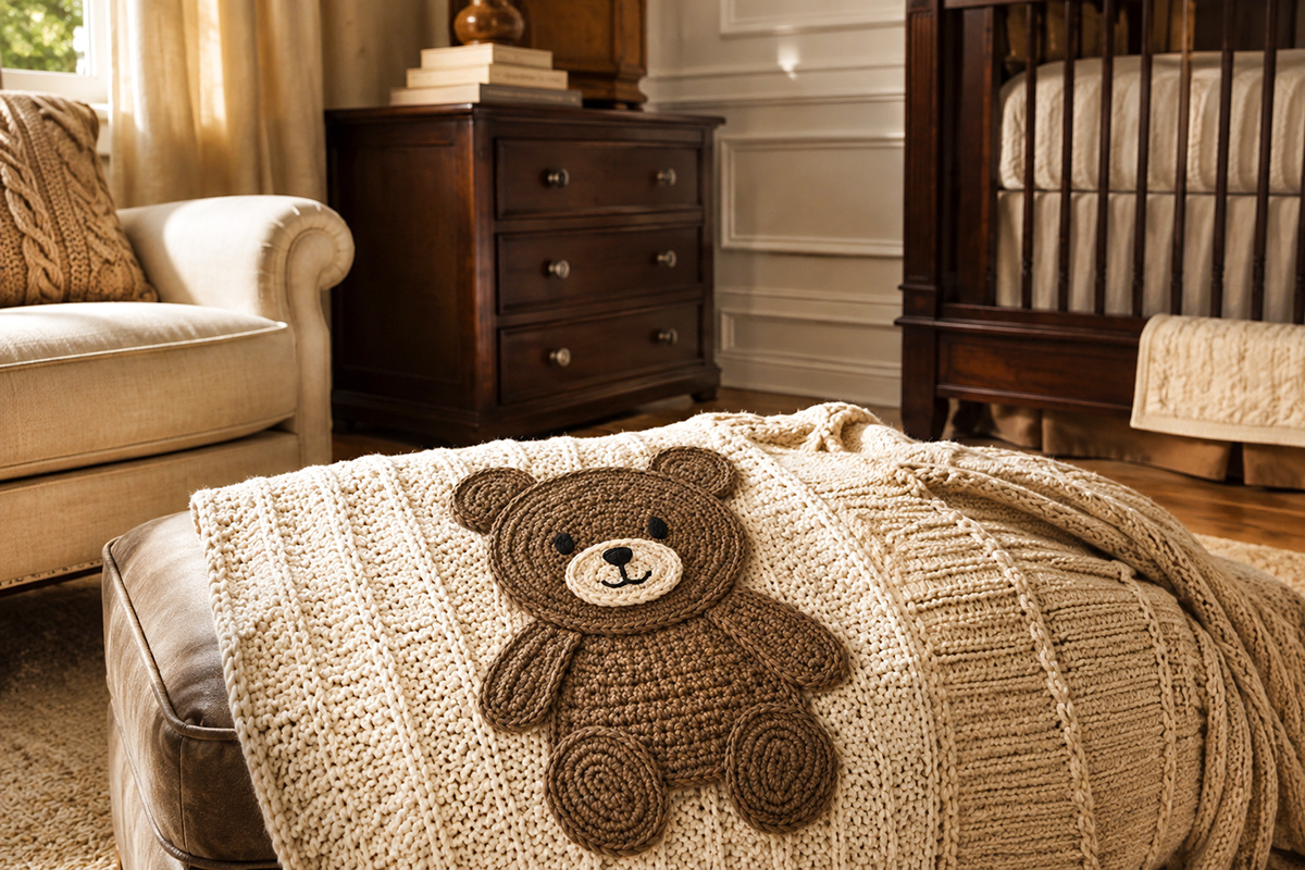 Brown crochet teddy bear applique with rounded ears tan muzzle round feet and embroidered face