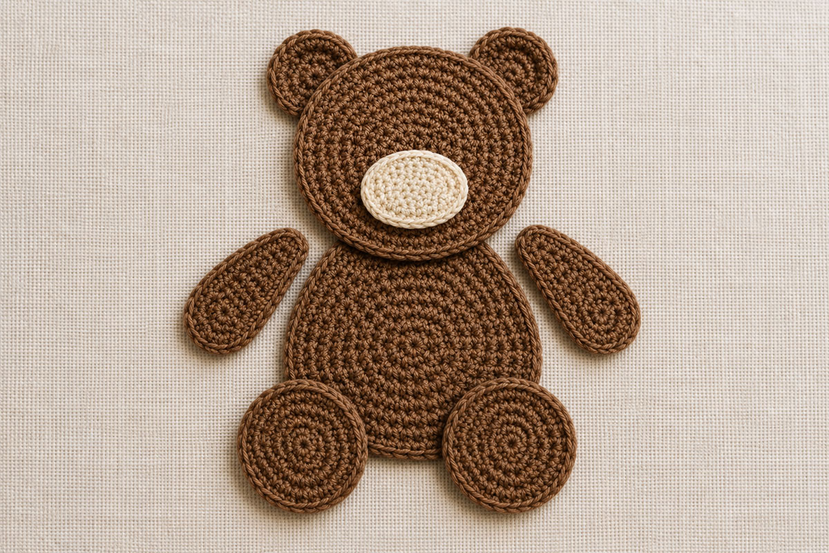 All flat crochet bear applique pieces positioned as a teddy bear before sewing with ears arms and rounded feet tucked behind the body and head