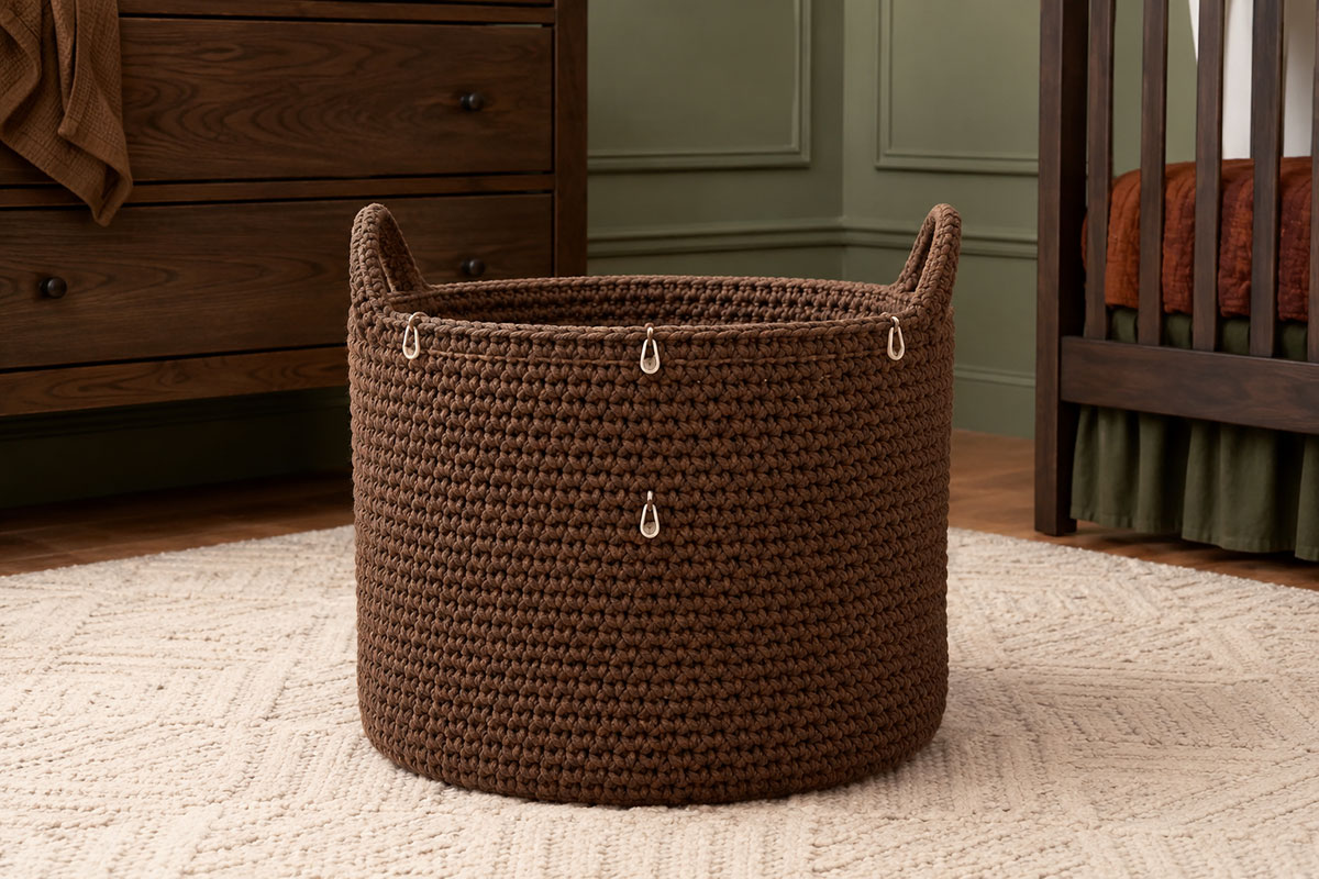 Large brown crochet basket with side handles and removable stitch markers identifying the center front before bear features are attached