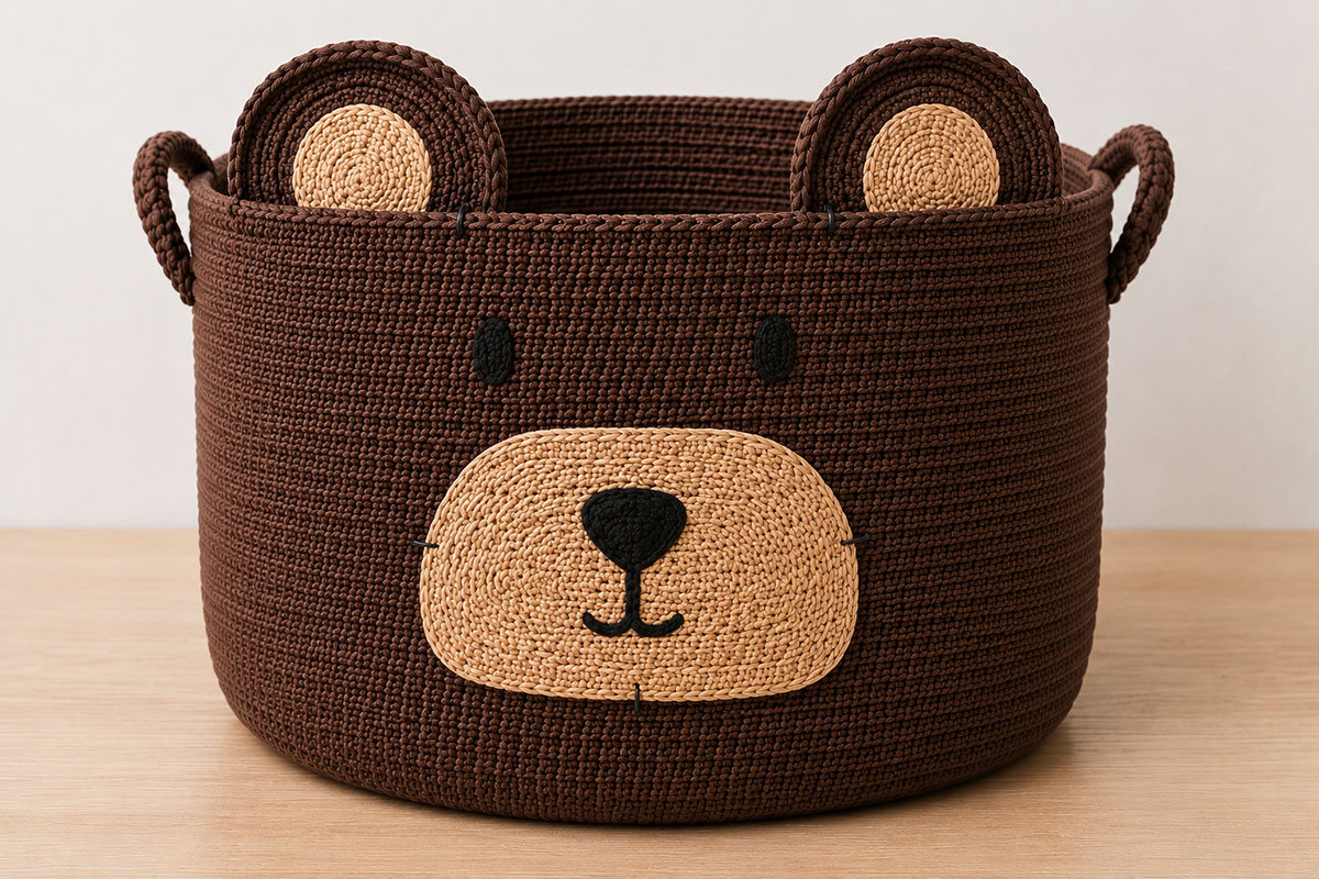 XXL brown crochet bear basket with both rounded ears and embroidered tan muzzle temporarily positioned before final sewing