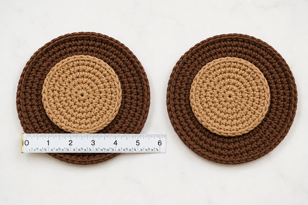 Two completed double-layer crochet bear ears with brown outer circles and smaller tan inner circles before attachment to the basket