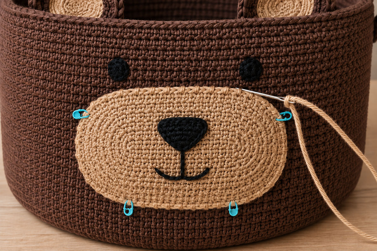 Close view of a tan crochet bear muzzle being whipstitched securely to the curved front wall of a brown crochet basket