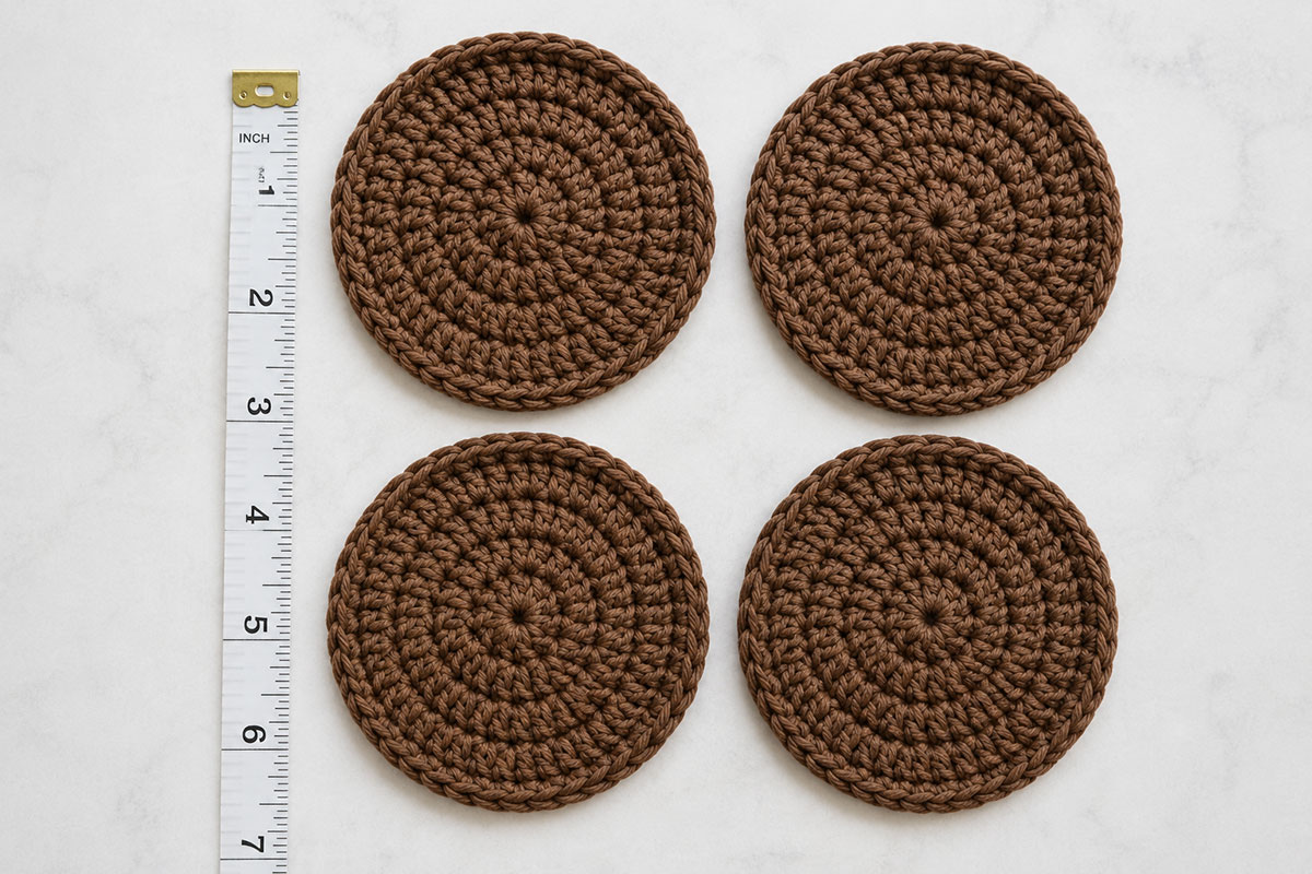 Four matching round brown crochet bear ear circles arranged beside a measuring tape before the ears are assembled