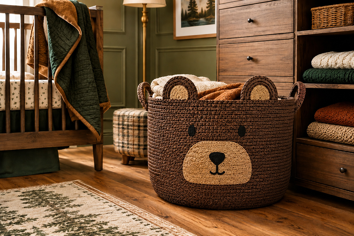 XXL crochet bear basket with rounded bear ears, contrasting muzzle and embroidered face for woodland nursery storage