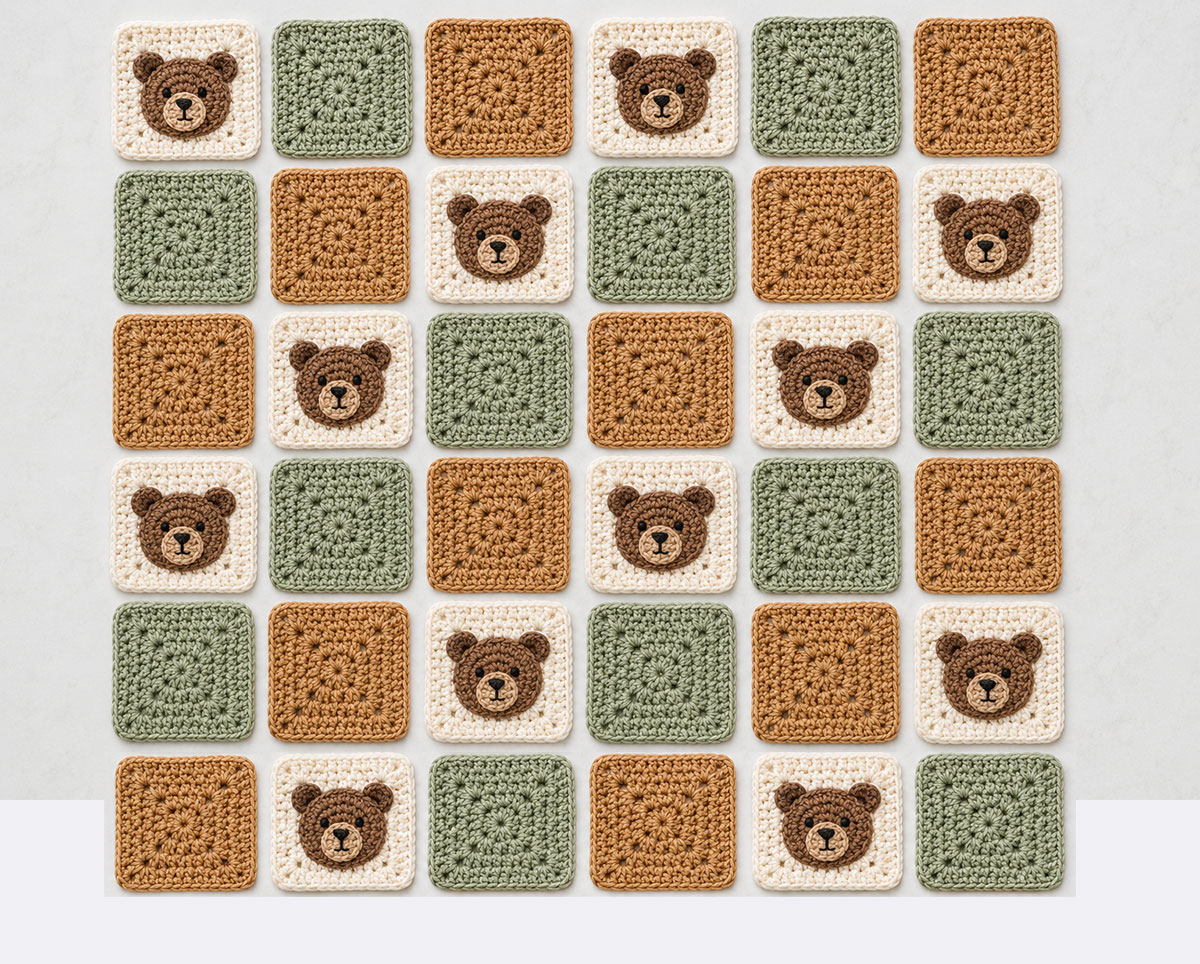 Thirty-six crochet squares arranged in six rows with ivory teddy bear squares alternating with sage and caramel granny squares