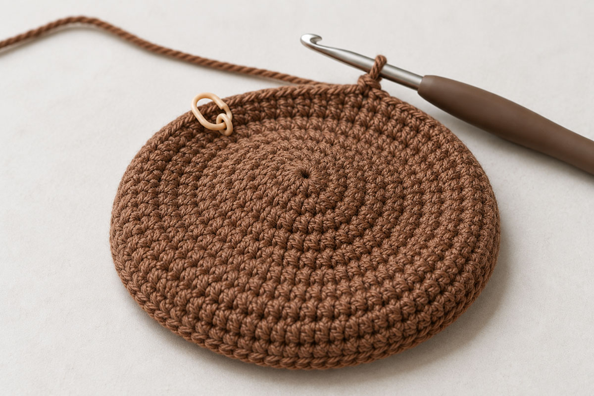 Brown crochet baby hat crown in progress showing evenly spaced half double crochet increase rounds