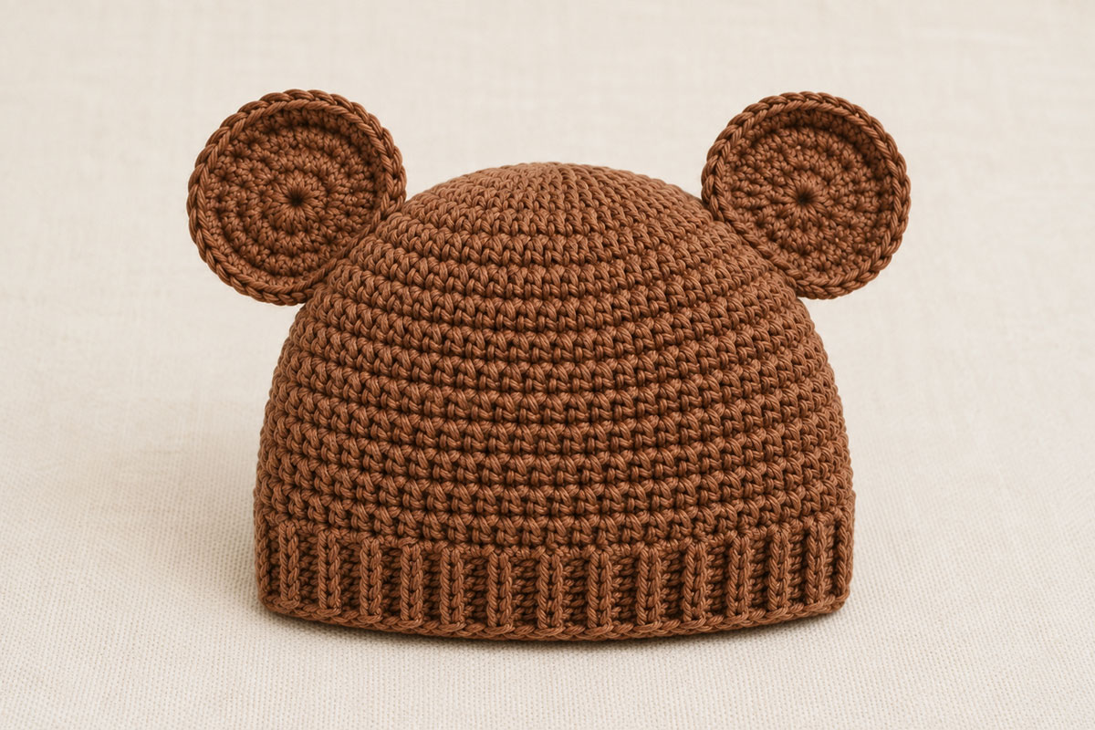 Completed brown crochet baby bear hat displayed neatly with two evenly placed rounded ears and a textured ribbed brim