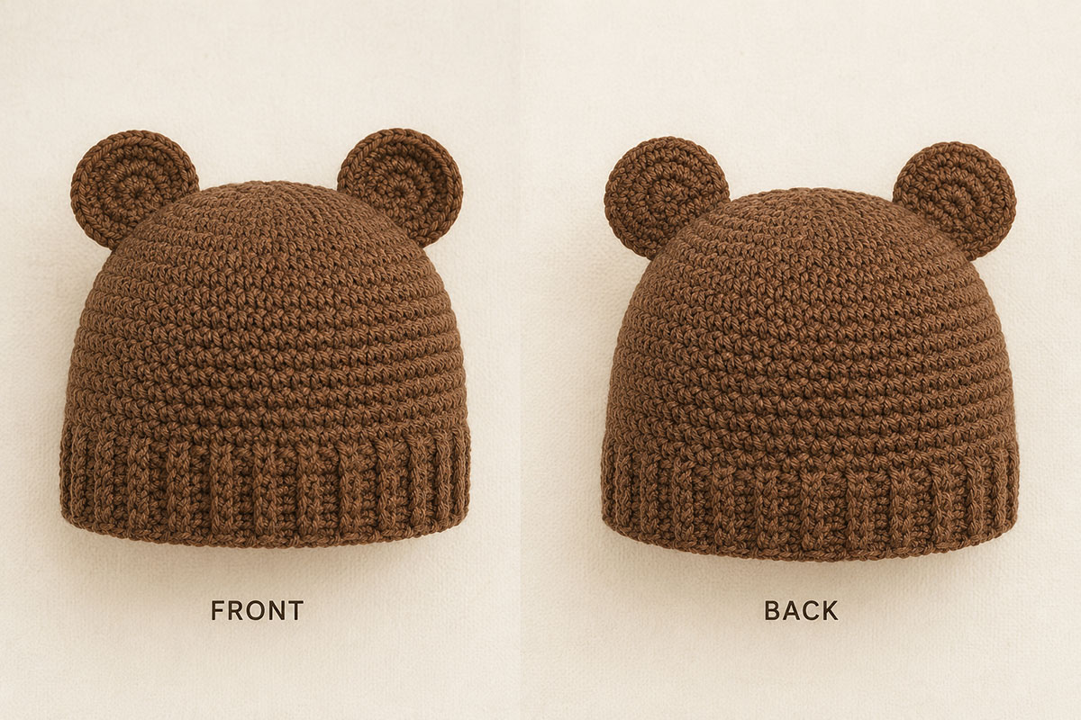 Finished brown crochet baby bear hat shown from front and back with evenly placed rounded ears smooth crown and ribbed brim
