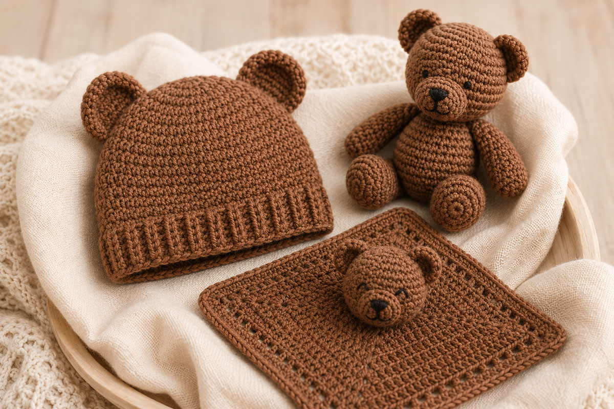 Brown crochet baby bear hat folded neatly with coordinating handmade crochet bear pieces in a simple baby gift arrangement