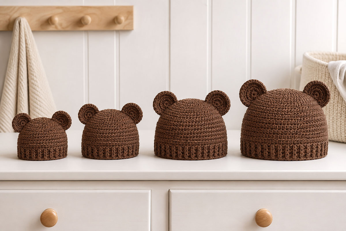 Four brown crochet baby bear hats in newborn through 6 to 12 month sizes arranged from smallest to largest