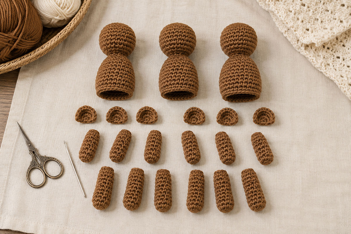 Three small brown crochet teddy bear bodies with matching ears arms and legs arranged before assembly for the bear mobile