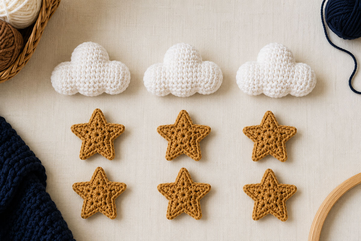Three white crochet clouds and six caramel crochet stars arranged together before assembly of the teddy bear nursery mobile