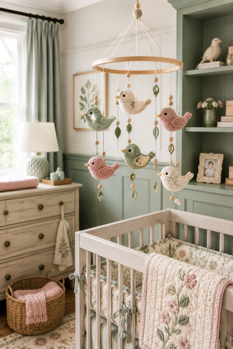 Crochet bird mobile displayed in a magazine style nursery setting