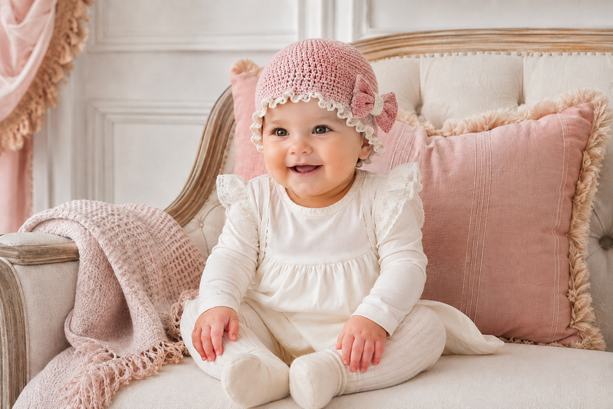 Finished crochet baby hat with one proportional side bow and contrasting ruffled edging