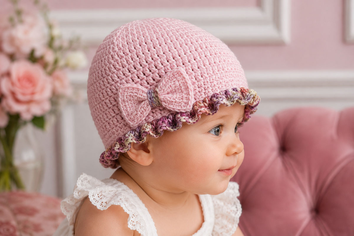 Finished crochet baby hat shown from the side with a crochet bow positioned above the contrasting ruffled lower edge