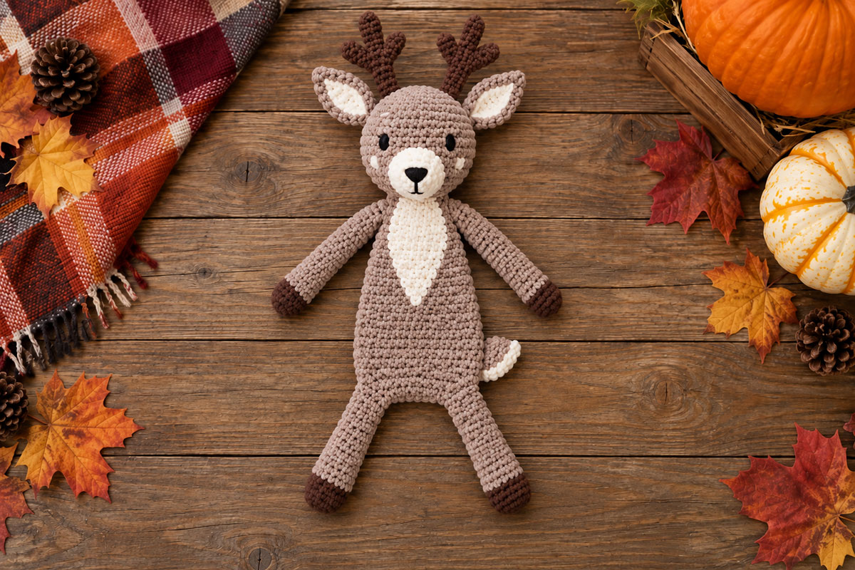 Finished crochet buck deer snuggler laid flat to show the wide soft body and four separate floppy limbs
