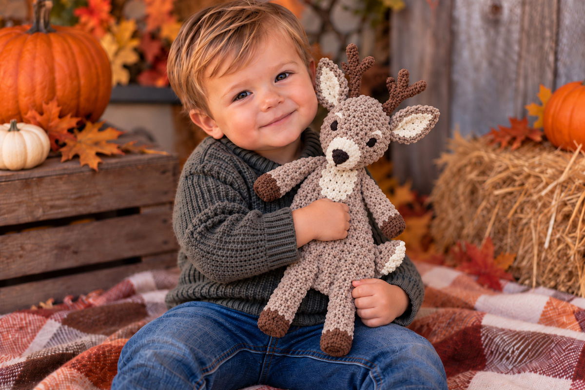 Whitetail buck deer crochet snuggler with antlers cream markings and floppy limbs