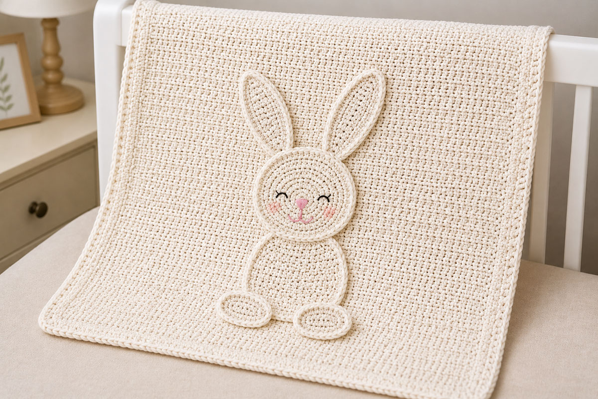 Finished crochet bunny applique sewn flat onto a baby blanket showing the long ears, embroidered face, rounded body and foot placement