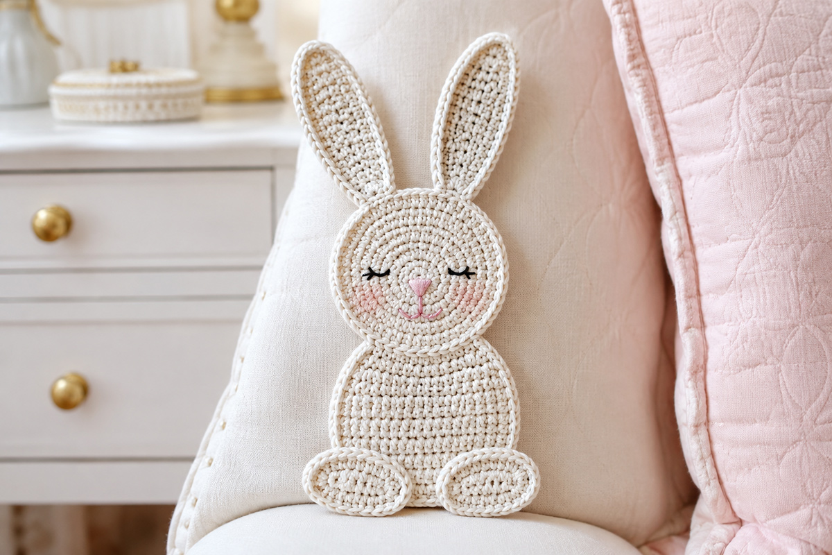 Free crochet bunny applique pattern with long ears and an embroidered face for baby blankets and nursery decor