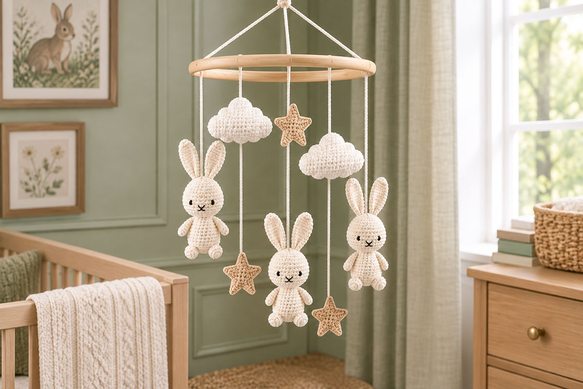 Finished crochet bunny baby mobile viewed from the side with three rabbits clouds and stars hanging at staggered heights from a wooden ring