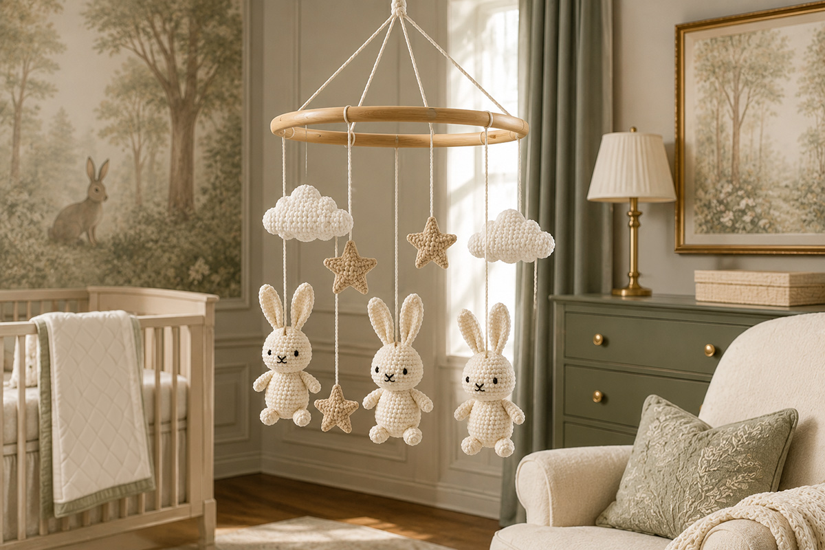Finished crochet bunny baby mobile with handmade rabbits clouds and stars hanging from a wooden nursery mobile ring