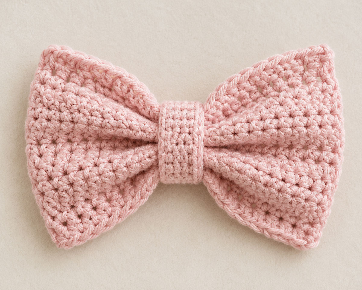 Dusty pink crocheted bunny basket bow with gathered loops and a securely sewn center band