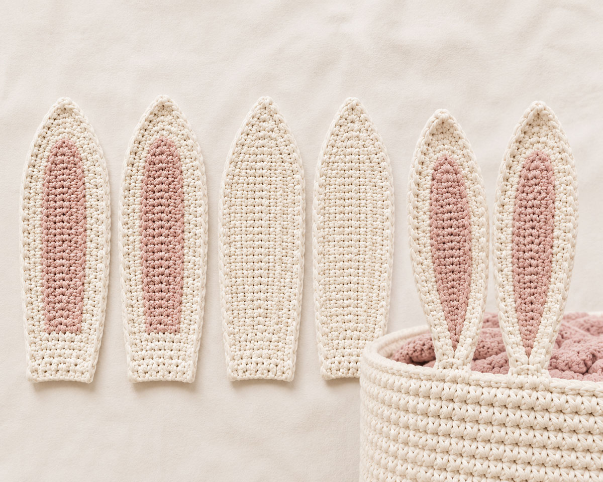 Crocheted bunny basket outer-ear panels, contrasting inner-ear panels and plain back panels arranged before assembly