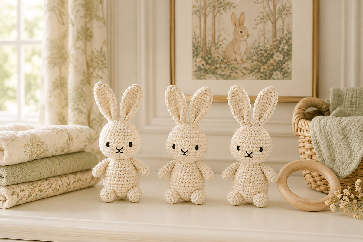 Three finished crochet bunny figures for a baby mobile shown with embroidered faces flat ears and lightweight stuffed bodies
