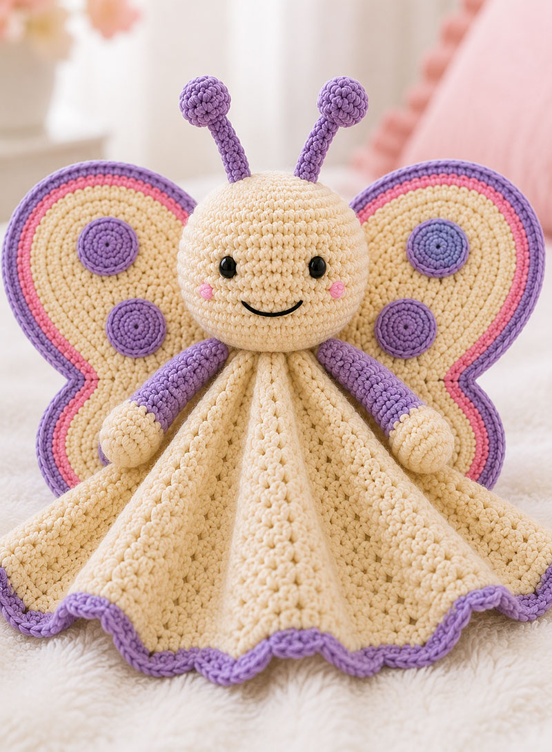 Crochet butterfly lovey arms before assembly
