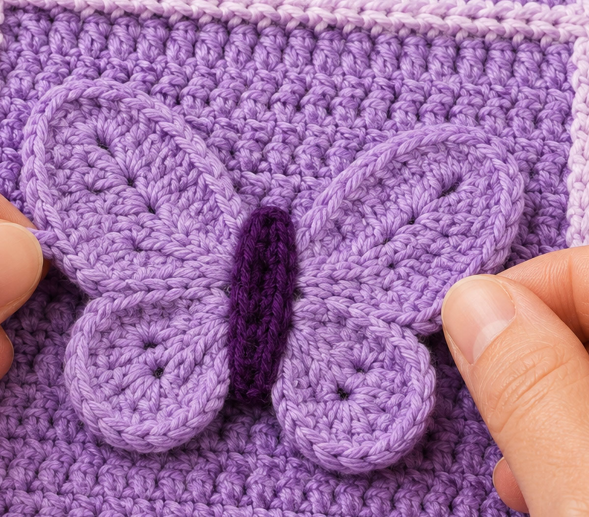 Adult hands checking the stitched edges of a dimensional butterfly applique on a lavender crochet baby blanket