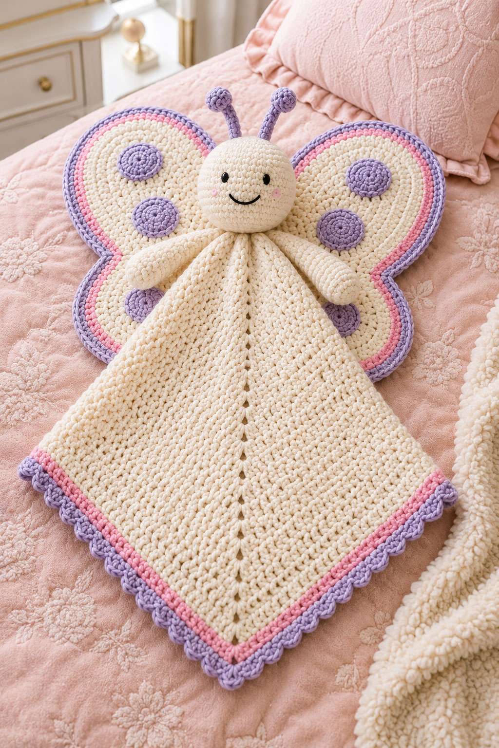 Crochet butterfly blanket texture worked in moss stitch
