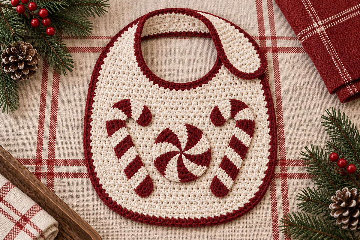Cream crochet baby bib with two mirrored candy cane appliques and a peppermint candy centered between them