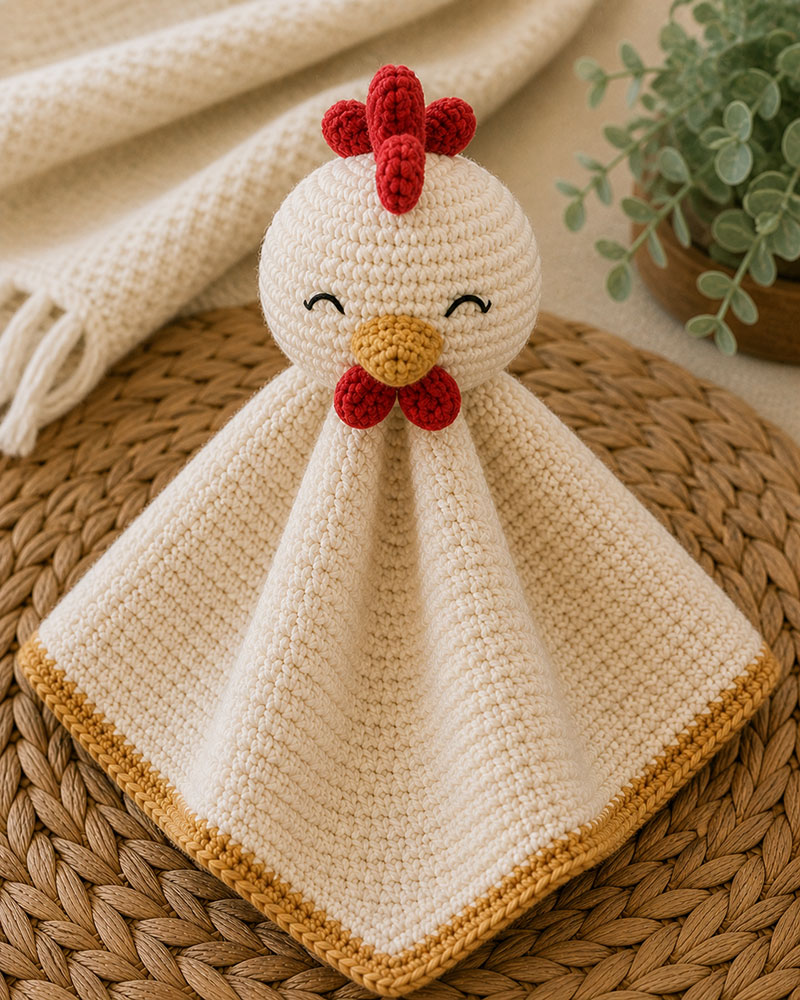 Crochet chicken lovey pattern with blanket base and top detail