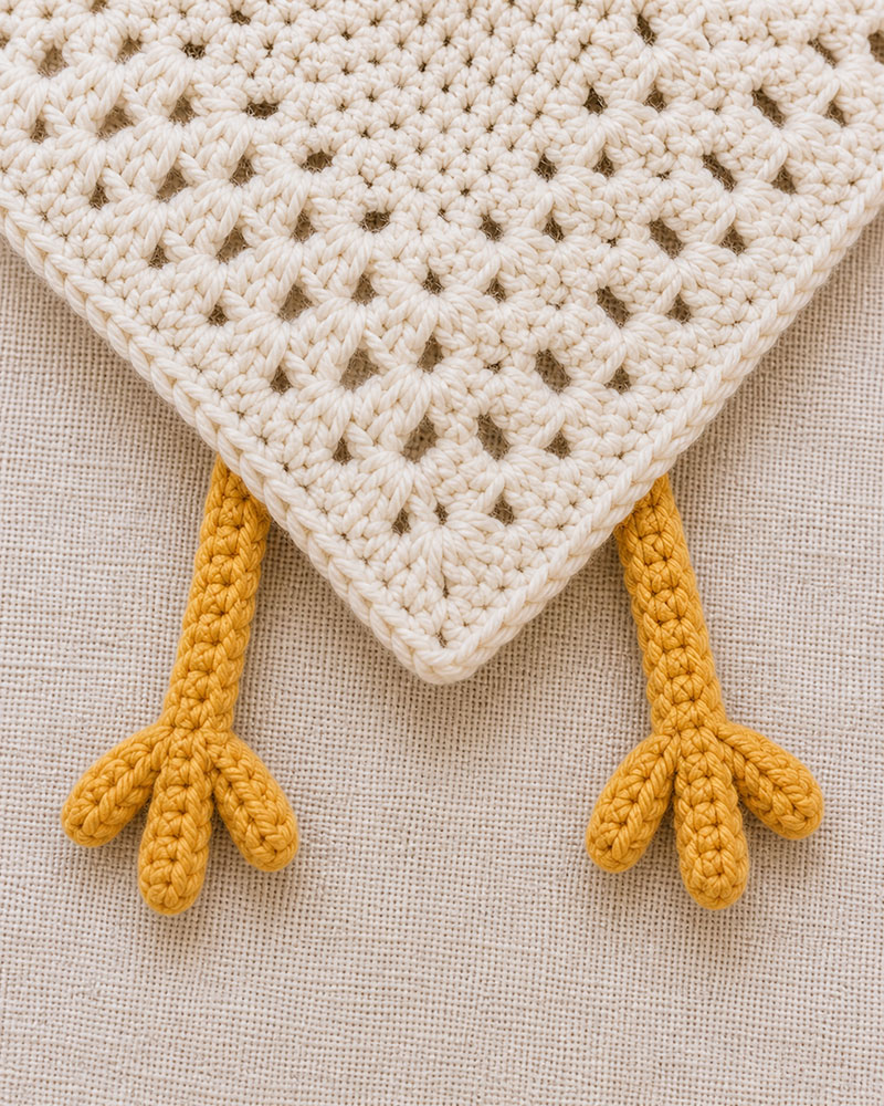 Crochet chicken pattern dangling yellow legs with three small toes