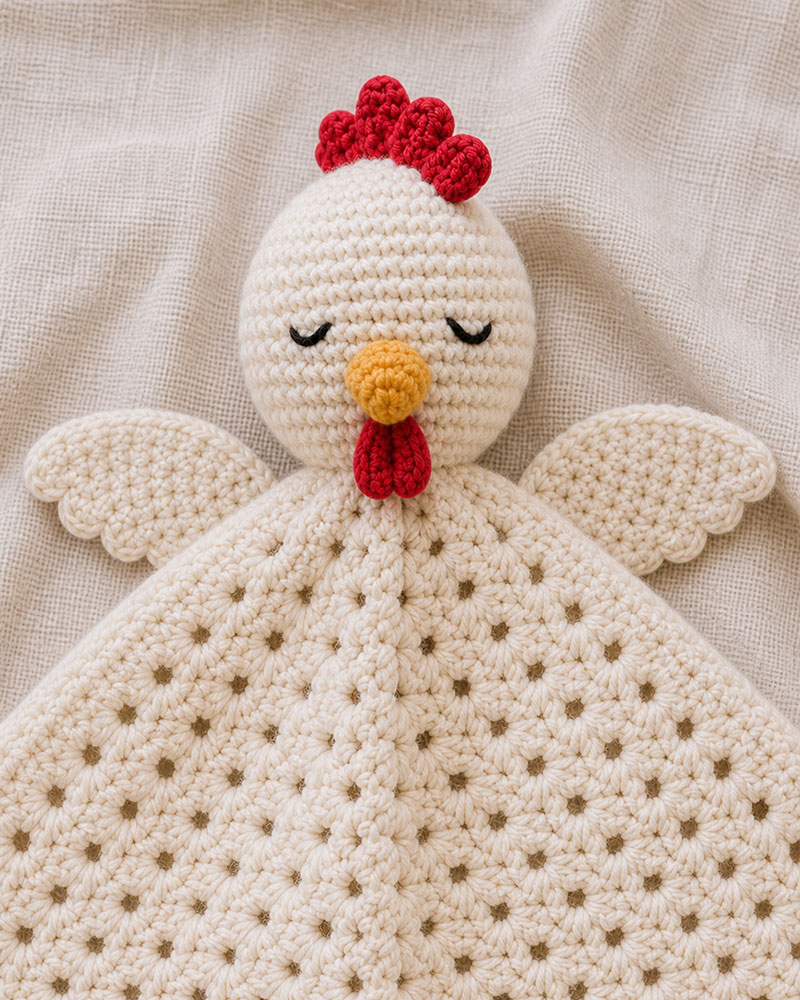 Crochet chicken pattern flat wings sewn below the head