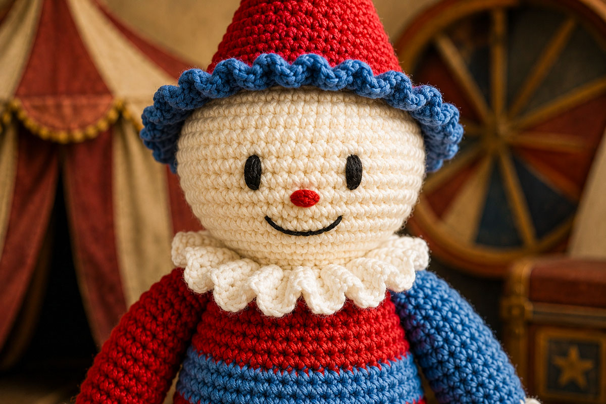 Close view of the crochet clown doll with embroidered black eyes, small red nose, stitched smile and white ruffled collar