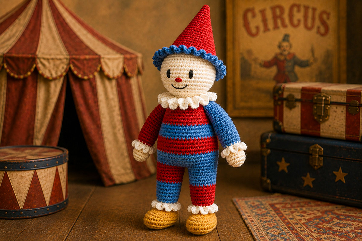 Finished vintage crochet clown doll from a three quarter angle showing attached arms and legs, pointed hat and white ruffled collar